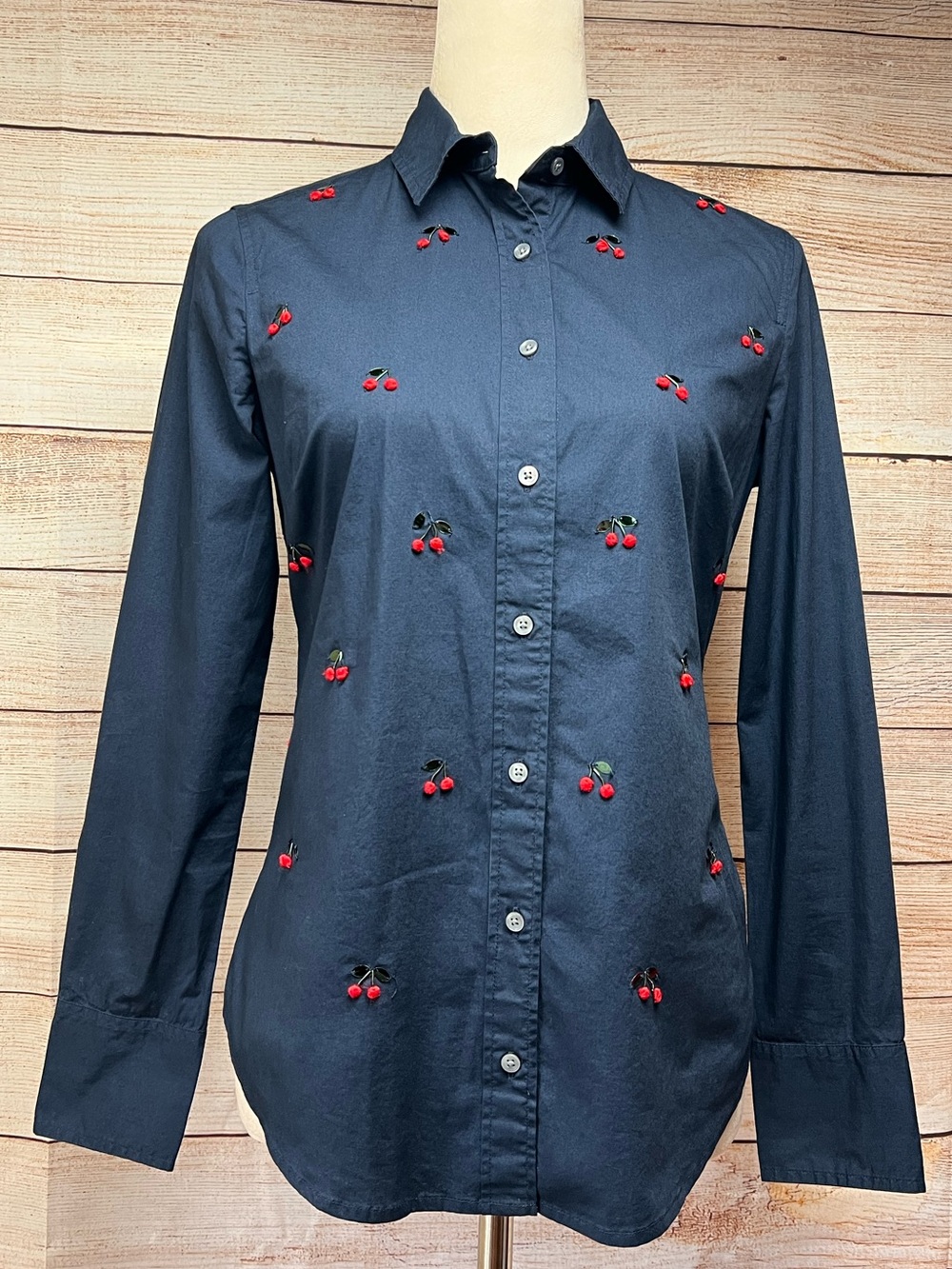 J Crew Slim Fit Perfect Shirt Sz 2 S Embellished Cherries Button-Up Cotton Navy